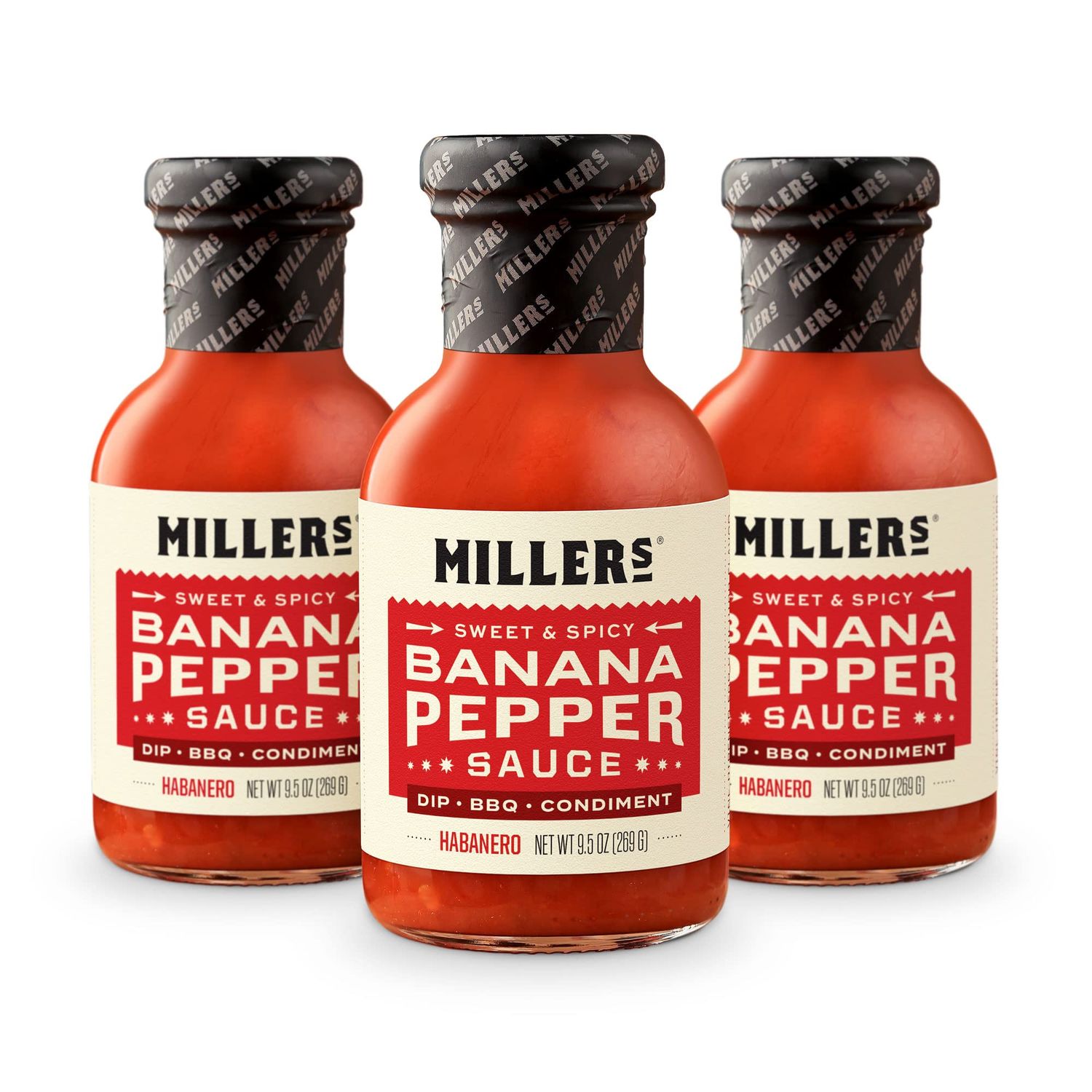 Miller&#39;s Banana Pepper Habanero Hot Sauce, Sweet Spicy Banana Pepper Sauce - Best Use for Grilled Meats, BBQ Rub, Chicken Wing, Sandwich 9.5 OZ (Pack of 3)