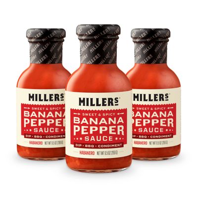 Miller&#39;s Banana Pepper Habanero Hot Sauce, Sweet Spicy Banana Pepper Sauce - Best Use for Grilled Meats, BBQ Rub, Chicken Wing, Sandwich 9.5 OZ (Pack of 3)