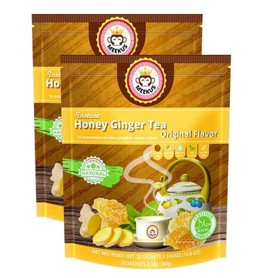 Meekus Ginger Tea with Honey: Premium Ginger Tea Bags &amp; Honey Ginger Crystals - Instant Honey Ginger Tea Packets for Soothing Drink, 18g x 40 Sachets (Original, 2 Packs)