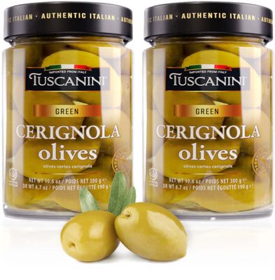 Tuscanini Premium Italian Cerignola Whole Green Jumbo Olives, 10.9oz (2 Pack) | Mild &amp; Smooth Flavor | Imported from Italy | Kosher