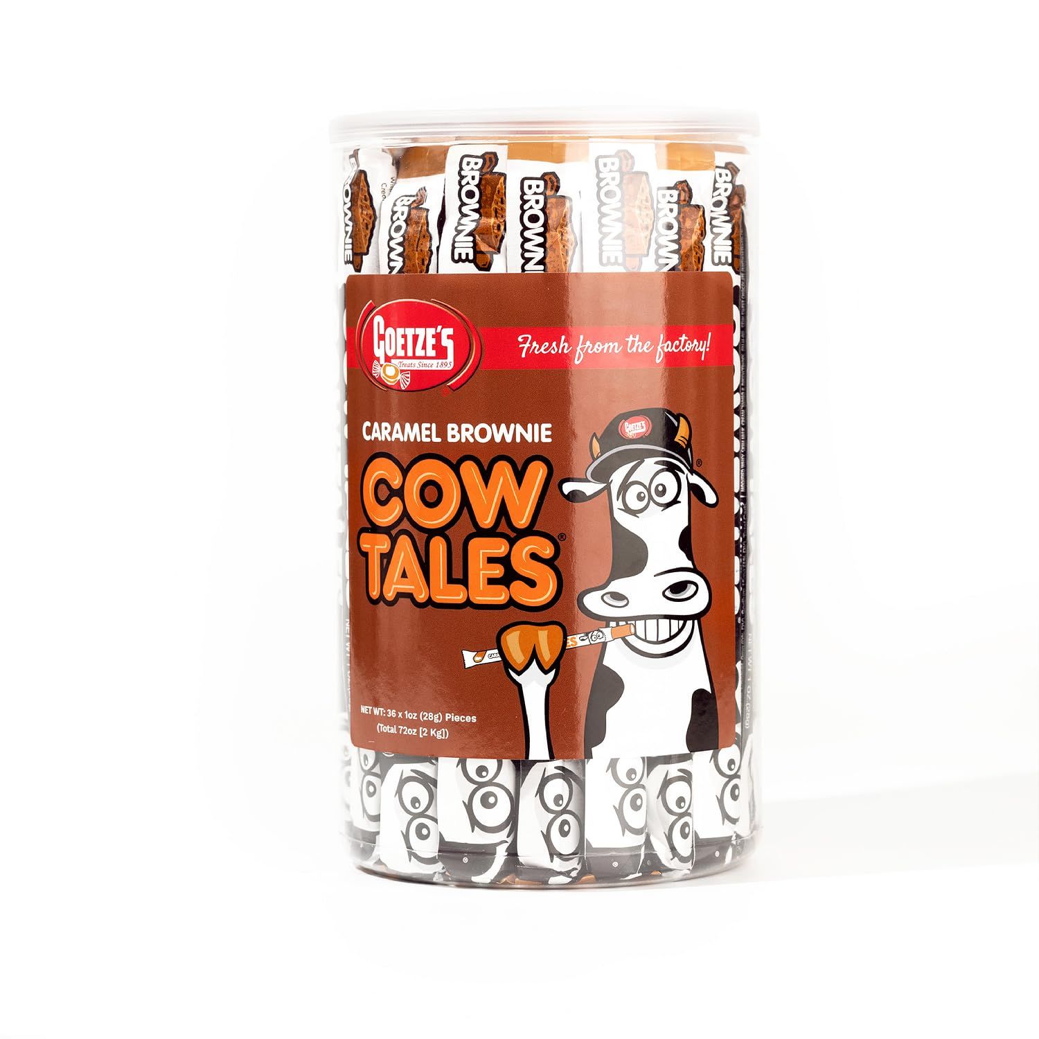 Goetze&#39;s Candy Caramel Brownie Cow Tales - 2.25 Pound Canister (36 Ounces) - Fresh from the Factory