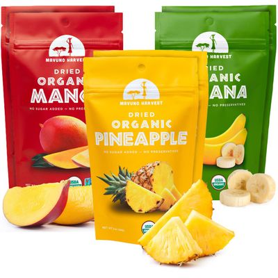 Mavuno Harvest Organic Dried Fruit Variety Pack | Dried Mango, Pineapple, and Banana | Healthy, Vegan, No Sugar Added, Non GMO Snacks for Kids &amp; Adults | 2 Ounce, Pack of 6