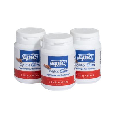 Epic Xylitol Chewing Gum - Sugar Free &amp; Aspartame Free Chewing Gum Sweetened w/Xylitol for Dry Mouth &amp; Gum Health (Cinnamon, 50-Piece Bottle, 3 Bottles)