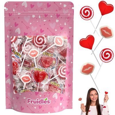 Fruidles Valentine&#39;s Lollipop Party Mix, Hearts, Lips N&#39; Swirls Mixed Fruit Flavor Assortment, Individually Wrapped Assorted (1 Pound)