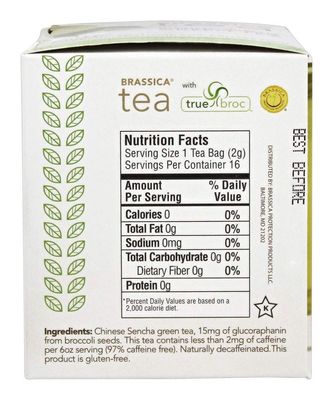 Brassica Tea Decaf Sencha Green Tea with truebroc, 16 Tea Bags