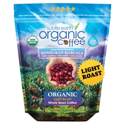 Subtle Earth Organic Coffee - Light Roast - Whole Bean Coffee - 100% Arabica Beans - Low Acidity and Non-GMO - 2lb bag