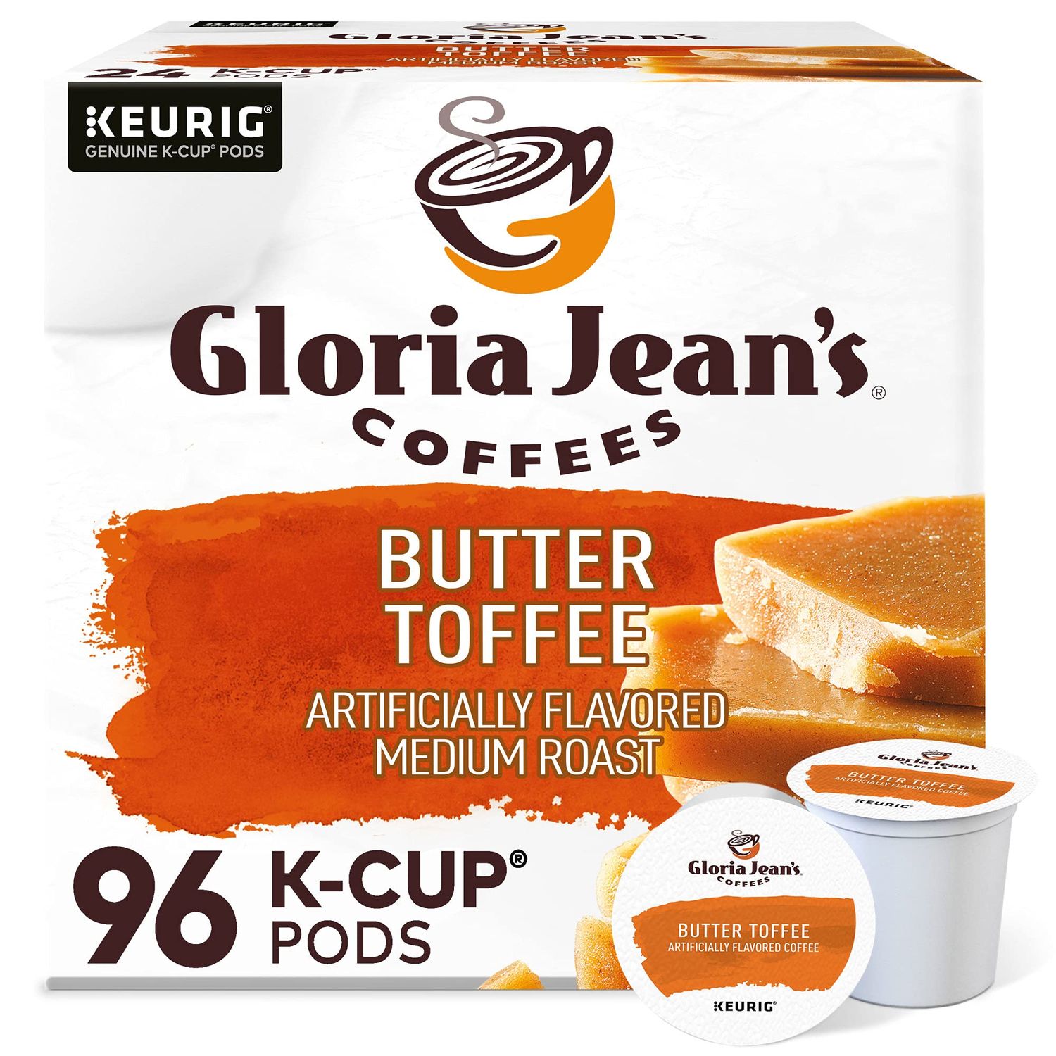 Gloria Jean&#39;s Coffees Butter Toffee, Single-Serve Keurig K-Cup Pods, Flavored Medium Roast Coffee, 96 Count