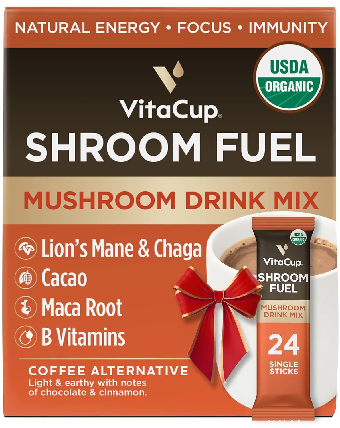 VitaCup Shroom Fuel, Mushroom Based Instant Coffee Alternative Packets, Mushroom Coffee Substitute w/Cacao, Cinnamon, Chaga, Lions Mane, &amp; Maca for Energy, Immune Support, &amp; Focus, 24ct