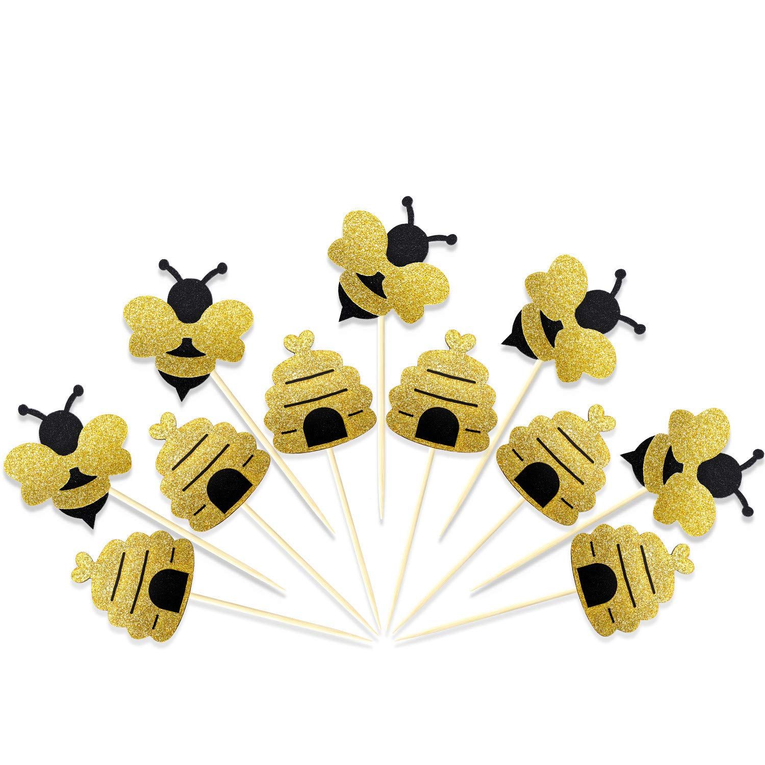 Zonon 50 Pieces Bee Toothpicks Bulk Bee Cupcake Toppers Glitter Bee Cake Picks Decorations for Birthday Party Favors Supplies