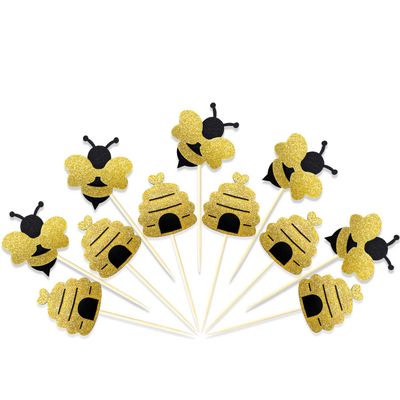 Zonon 50 Pieces Bee Toothpicks Bulk Bee Cupcake Toppers Glitter Bee Cake Picks Decorations for Birthday Party Favors Supplies