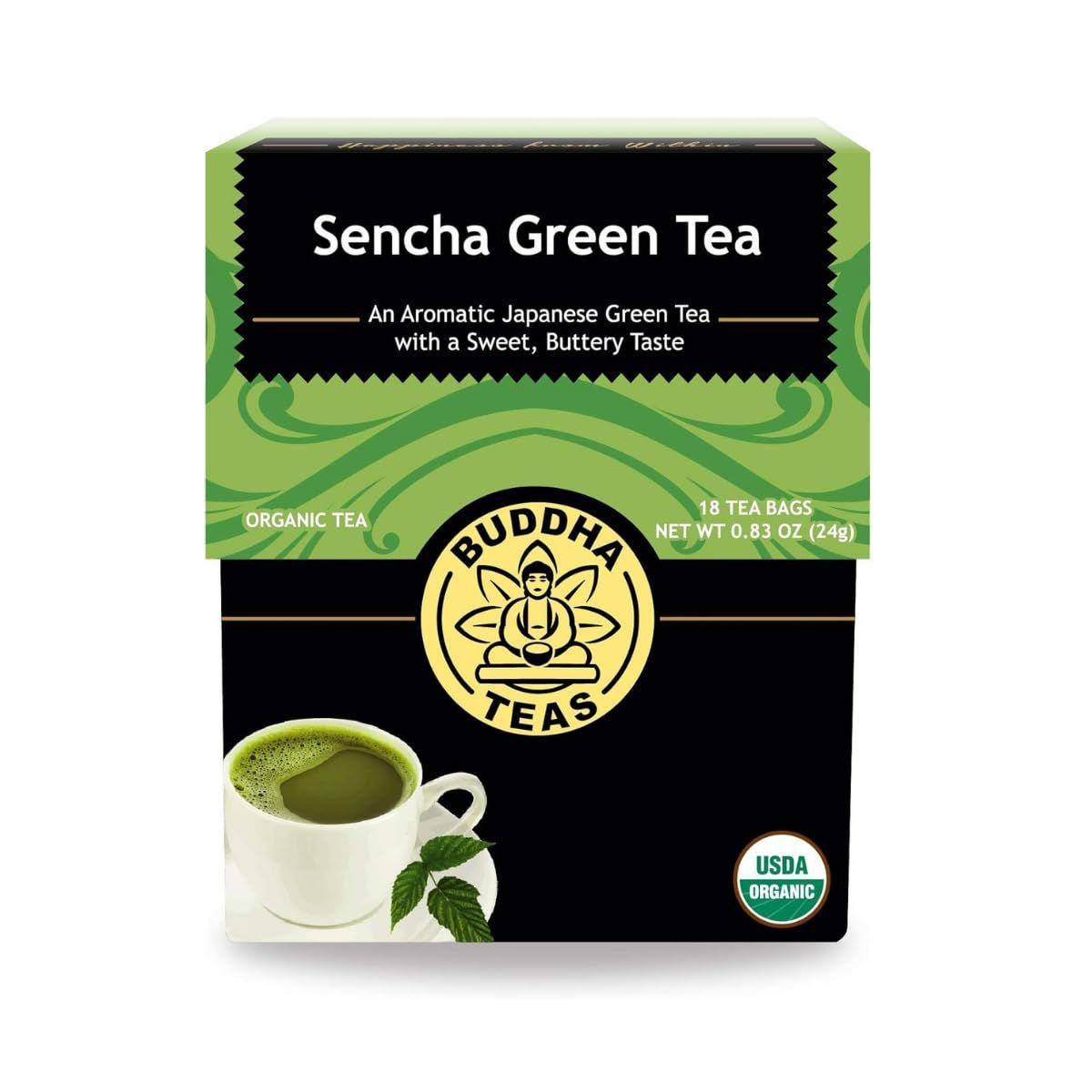 Buddha Teas - Organic Sencha Green Tea - For Health &amp; Wellbeing - Japanese Green Tea - With Antioxidants &amp; Minerals - Clean Ingredients - Caffeinated - OU Kosher &amp; Non-GMO - 18 Tea Bags (Pack of 1)
