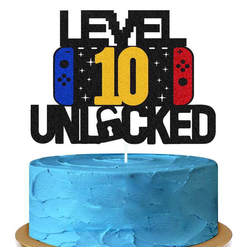 Level 10th Unlocked Sign Cake Topper Happy 10th Birthday Level Up Tenth Cake Decorations for Video Game Controller Themed Boy Girl Bday Party Supplies Double Sided