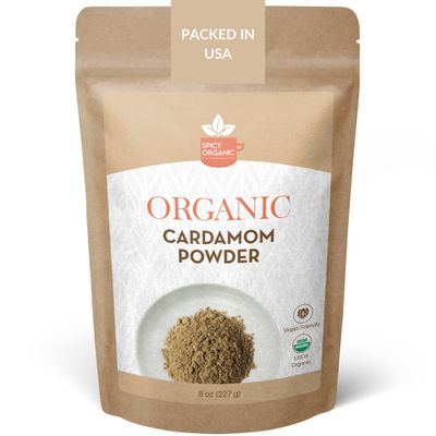 SPICY ORGANIC Ground Cardamom, 8 oz. - Fresh Cardamom Powder - Also Known as Elaichi, Cardamon - USDA Certified Organic, Gluten-Free, Non-GMO - Enhances Taste in Baking, Coffee, Tea, and Curries