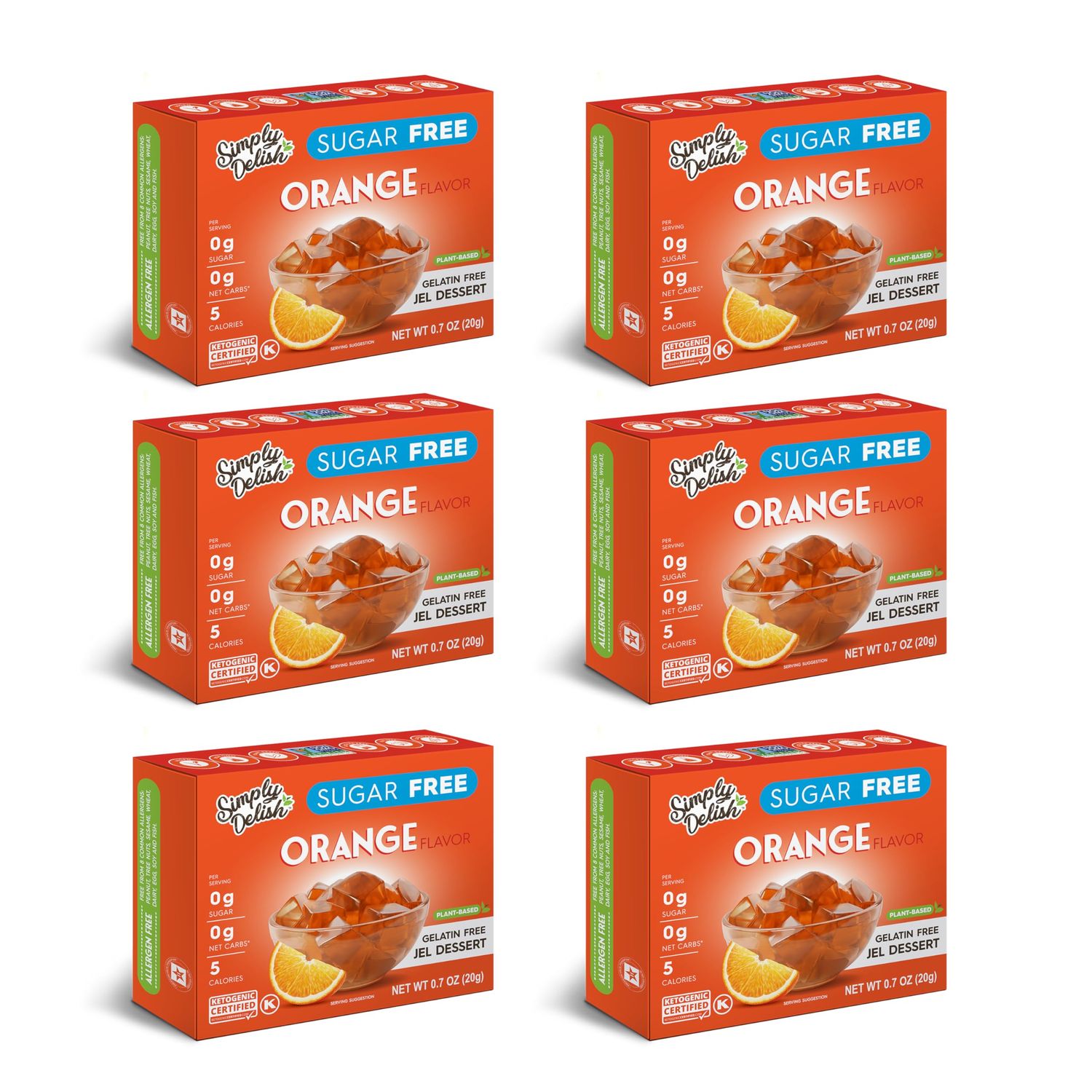 Simply Delish Plant Based Natural Orange Jel Dessert - 6 Pack - Zero Sugar, 0g Net Carbs, Gluten Free, Vegan, Diabetic &amp; Allergen Free