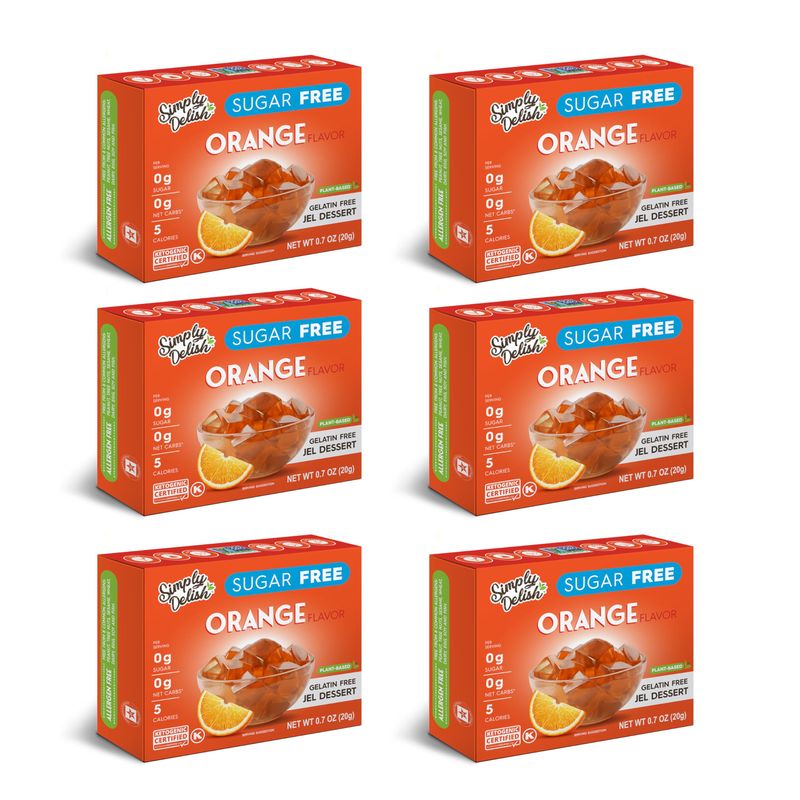 Simply Delish Plant Based Natural Orange Jel Dessert - 6 Pack - Zero Sugar, 0g Net Carbs, Gluten Free, Vegan, Diabetic &amp; Allergen Free