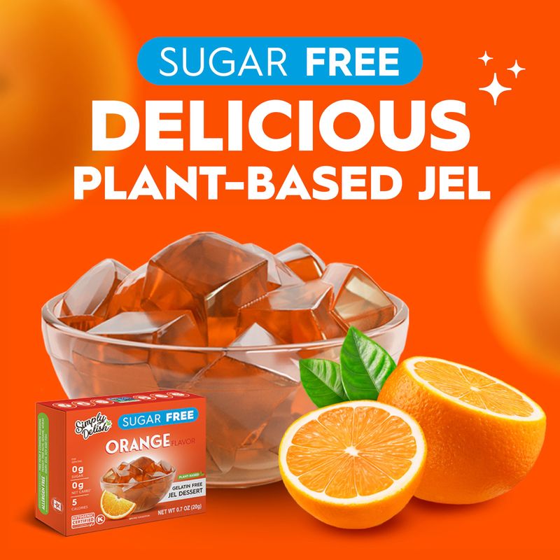 Simply Delish Plant Based Natural Orange Jel Dessert - 6 Pack - Zero Sugar, 0g Net Carbs, Gluten Free, Vegan, Diabetic &amp; Allergen Free