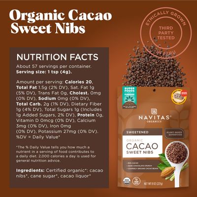 Navitas Organics Cacao Sweet Nibs 8oz. Bag, 56 Servings - Organic, Non-GMO, Gluten-Free