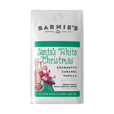 BARNIE&#39;S COFFEE TEA CO. Ground with Coconut Sweet Caramel and Warm Vanilla Flavors, Medium Roasted Arabica Beans, Santa&#39;s White Christmas Decaf, 12 oz Bag (54250)