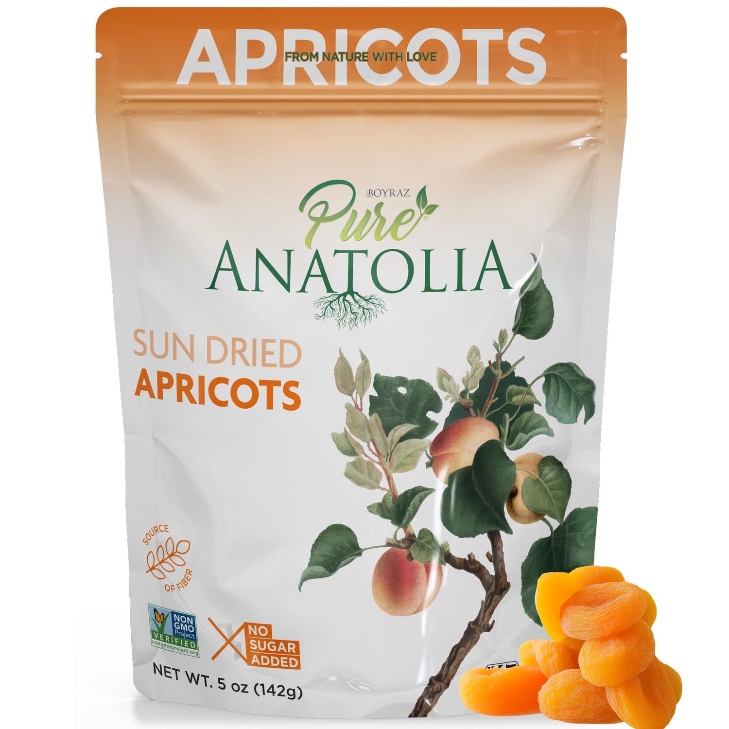 100% Turkish Sun Dried Apricots by Pure Anatolia, No Sugar Added, Non GMO, Vegan, Halal, Kosher, Healthy Whole Fruit Fiber Snacks, 5 oz Resealable Pack