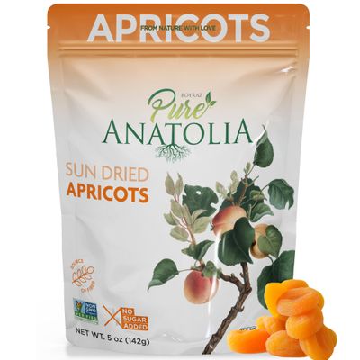 100% Turkish Sun Dried Apricots by Pure Anatolia, No Sugar Added, Non GMO, Vegan, Halal, Kosher, Healthy Whole Fruit Fiber Snacks, 5 oz Resealable Pack