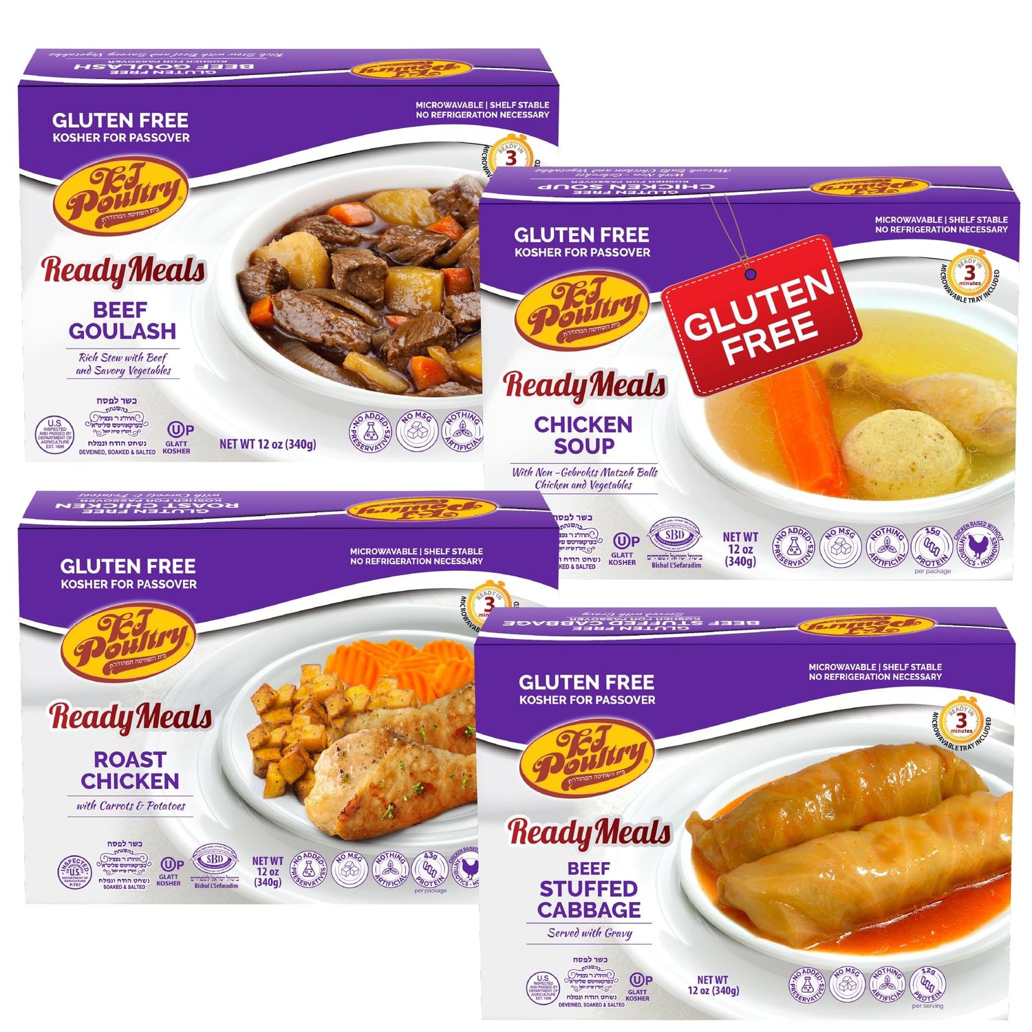 KJ Poultry Kosher for Passover Gluten Free Meals, Matzo Ball Chicken Soup + Beef Goulash + Roast Chicken + Stuffed Cabbage (4 Pack Variety) Prepared Entree Fully Cooked, Shelf Stable Microwave Dinner