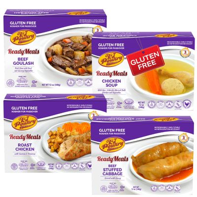 KJ Poultry Kosher for Passover Gluten Free Meals, Matzo Ball Chicken Soup + Beef Goulash + Roast Chicken + Stuffed Cabbage (4 Pack Variety) Prepared Entree Fully Cooked, Shelf Stable Microwave Dinner