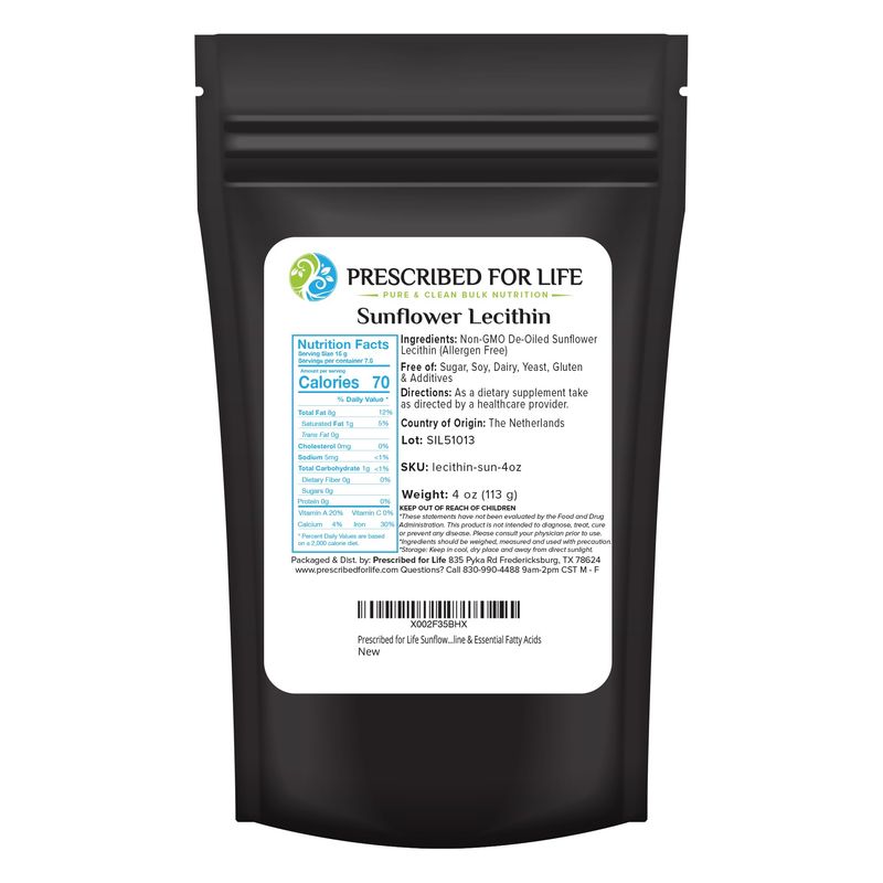 Prescribed For Life Sunflower Lecithin Powder | Unbleached, Gluten Free, Vegan, Non-GMO, Soy Free, Kosher | Naturally Rich in Choline &amp; Essential Fatty Acids (4 oz / 113 g)