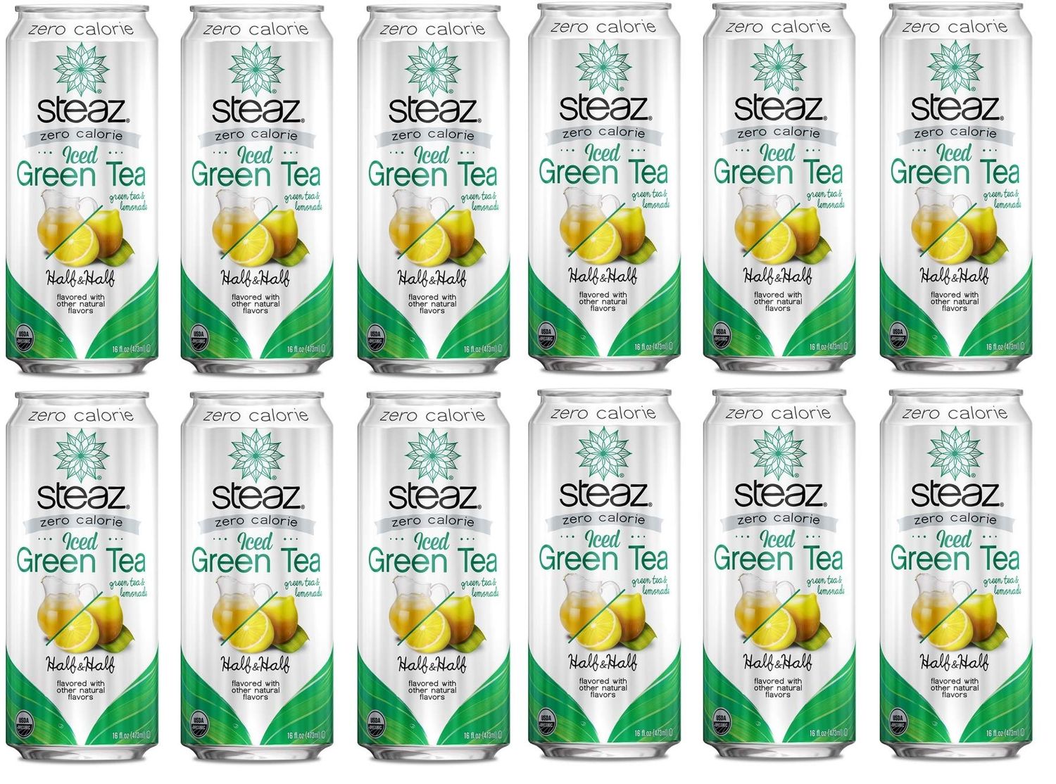 Steaz Organic Zero Calorie Half Iced Green Tea &amp; Half Lemonade, 16 OZ (Pack of 12)
