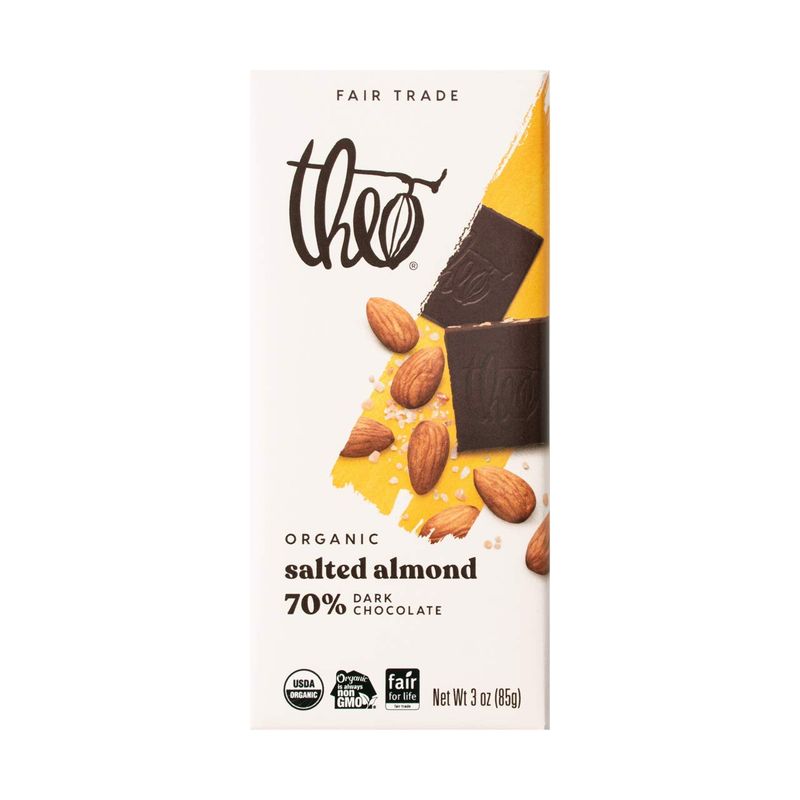 Theo Chocolate Salted Almond Organic Dark Chocolate Bar, 70% Cacao, 12 Pack | Vegan, Fair Trade