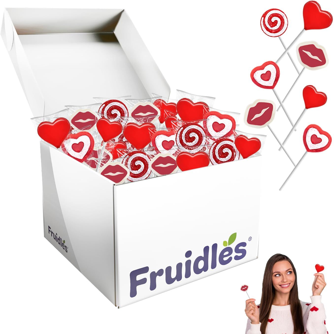 Fruidles Valentine&#39;s Lollipop Party Mix, Hearts, Lips N&#39; Swirls Mixed Fruit Flavor Assortment, Individually Wrapped Assorted (5 Pounds (Bulk))