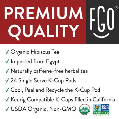 Organic Hibiscus Herbal Tea K-Cup Pods, 24 Pods by FGO - Keurig Compatible - Naturally Caffeine-Free Tea, Premium Green Tea is USDA Organic, Non-GMO, & Recyclable