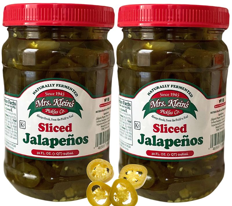 Mrs Kleins Jalapenos Sliced Jar (32oz Pack of 2)-Hot Pickled Jalapenos-Tangy, spicy and crispy-For tacos, pizza toppings, burritos, chili, sauces-Keto Friendly, Vegan, Kosher and Gluten-free