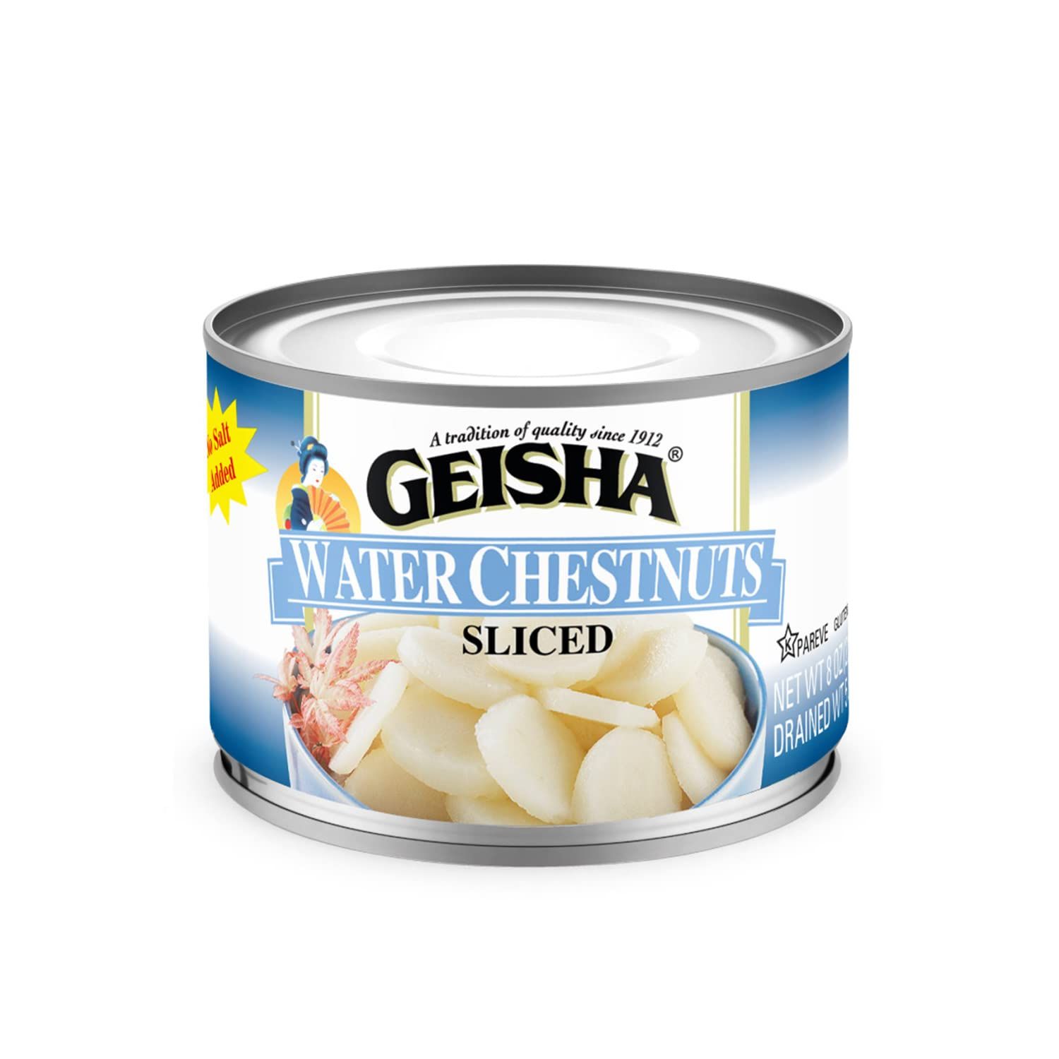 GEISHA Water Chestnuts Sliced 8OZ. (Pack of 12), Water Chestnuts | Kosher Certified  No Salt &amp; Sugar added  Gluten FreeLess than 100 Calories per Container