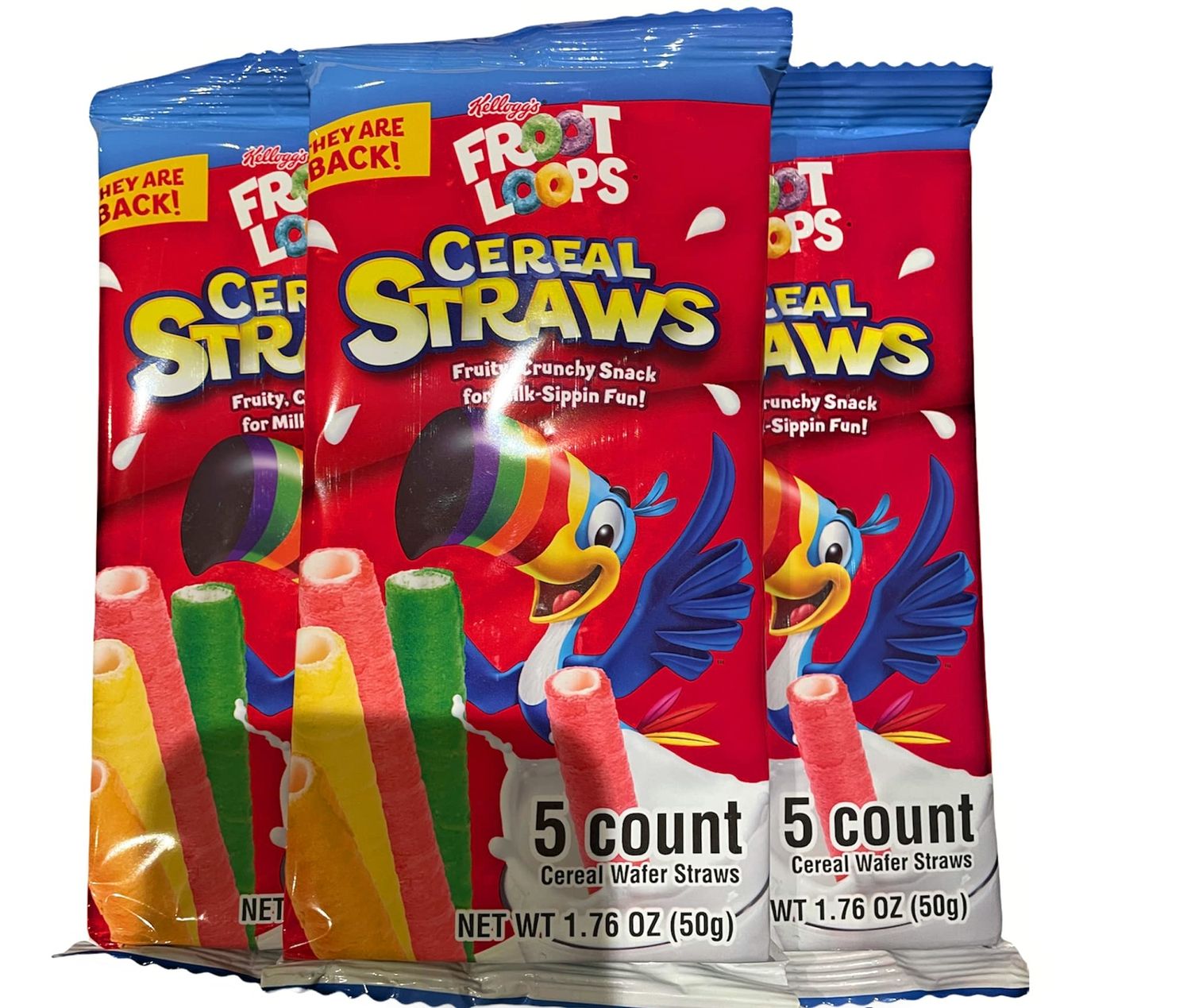 MIZO 2021 Kellogg&#39;s Cereal Straws Froot Loops Edible Breakfast Straw Alternatives for Milk, 90&#39;s Childhood Nostalgic Treat for Drinking and Eating, Cereals for Kids, Pack of 3, 5 Count, Multicolor