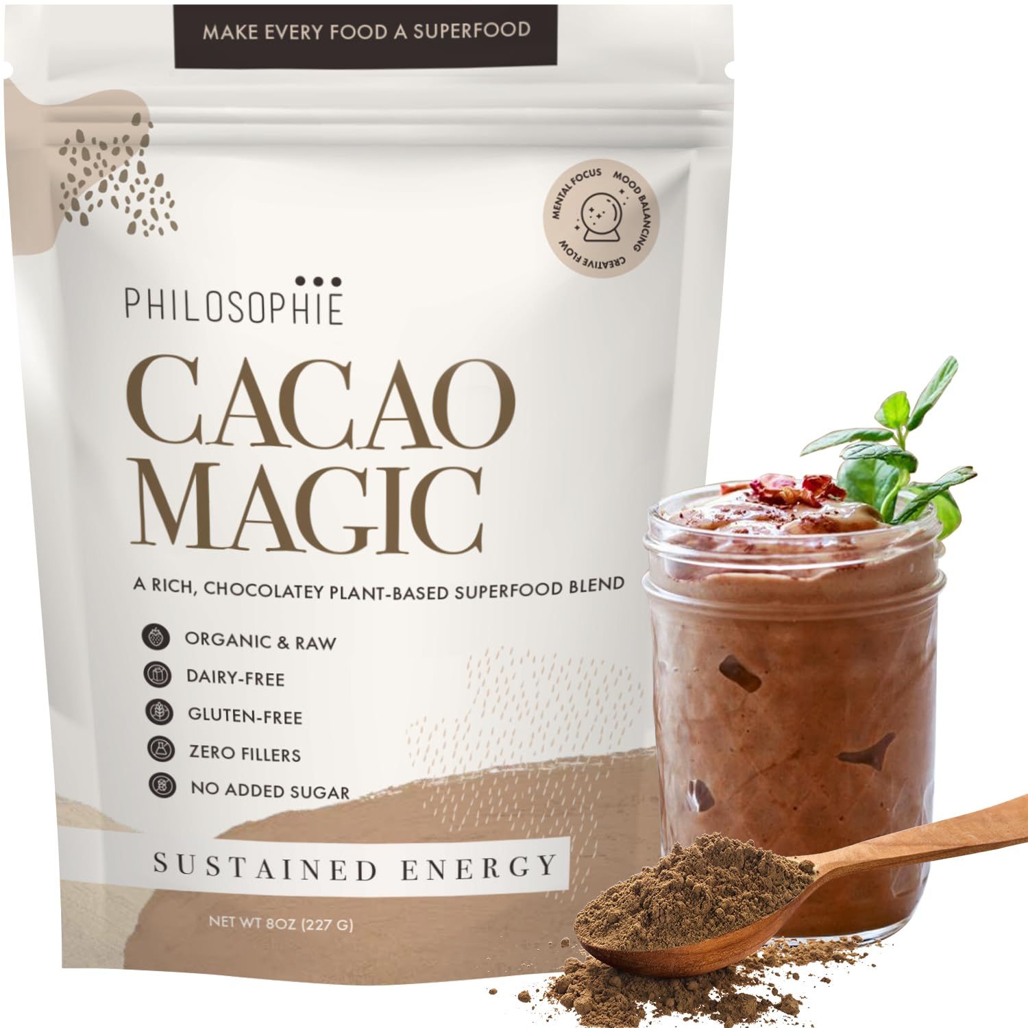 Philosophie Cacao Magic Plant-Based Superfood Blend with Raw Cacao Powder, 32 Servings Reishi Mushroom Powder &amp; Maca Root Powder - Organic &amp; Unsweetened