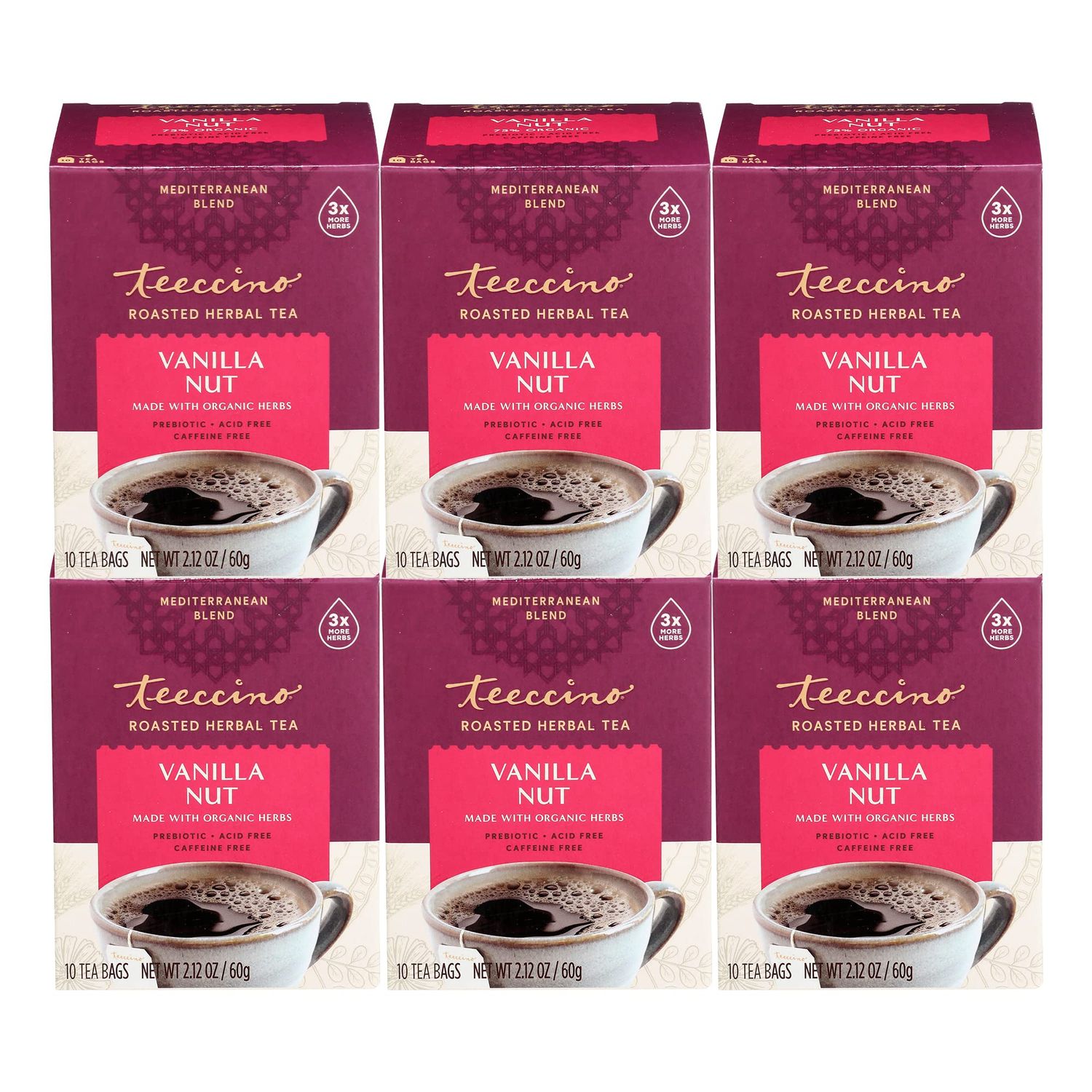 Teeccino Vanilla Nut Herbal Tea - Rich &amp; Roasted Herbal Tea Thats Caffeine Free &amp; Prebiotic for Natural Energy, 10 Tea Bags (Pack of 6)