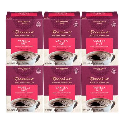 Teeccino Vanilla Nut Herbal Tea - Rich &amp; Roasted Herbal Tea Thats Caffeine Free &amp; Prebiotic for Natural Energy, 10 Tea Bags (Pack of 6)