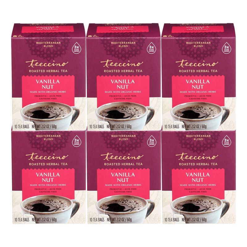 Teeccino Vanilla Nut Herbal Tea - Rich &amp; Roasted Herbal Tea Thats Caffeine Free &amp; Prebiotic for Natural Energy, 10 Tea Bags (Pack of 6)