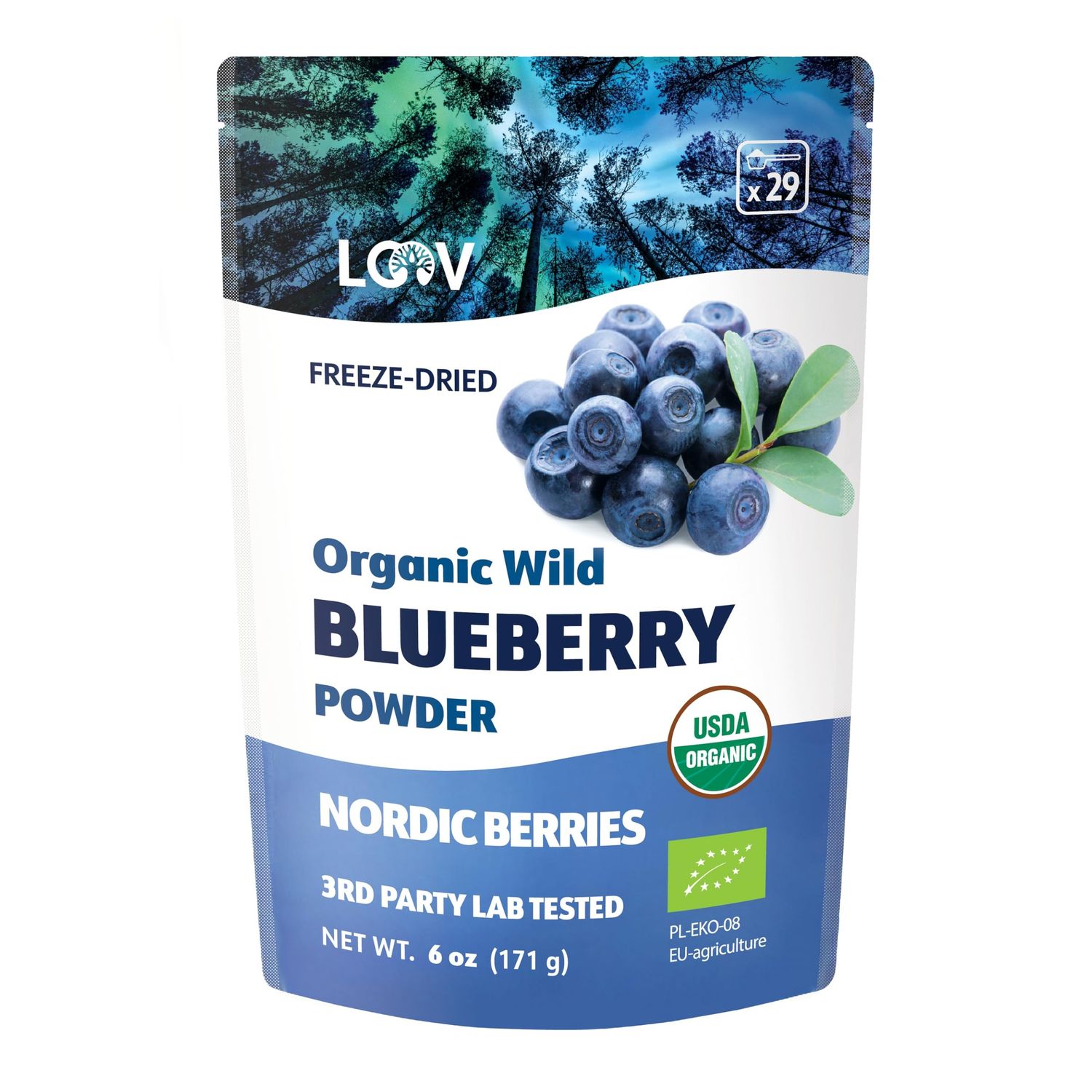 LOOV Organic Wild Blueberry Powder - 29-Day Supply, 6 Oz, Good for Smoothie &amp; Breakfast, Freeze-Dried, from Northern Europe, No Added Sugar