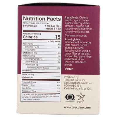Teeccino Vanilla Nut Herbal Tea - Rich &amp; Roasted Herbal Tea Thats Caffeine Free &amp; Prebiotic for Natural Energy, 10 Tea Bags (Pack of 6)