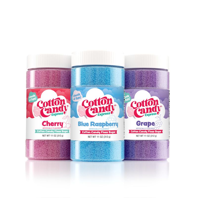 Cotton Candy Express Floss Sugar Variety Pack with 3 - 11oz Plastic Jars of Cherry, Blue Raspberry &amp; Grape Flossing Sugars. Use With Cotton Candy Express Countertop Machine
