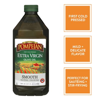Pompeian Smooth Extra Virgin Olive Oil, First Cold Pressed, Mild and Delicate Flavor, Perfect for Sauteing & Stir-Frying, Naturally Gluten Free, Non-Allergenic, Non-GMO, 68 Fl Oz, Single Bottle