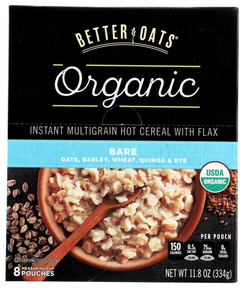 Better Oats Raw Pure &amp; Simple Organic Bare, Instant Multigrain Hot Cereal with Flax, 8 Pouches (Pack of 2)