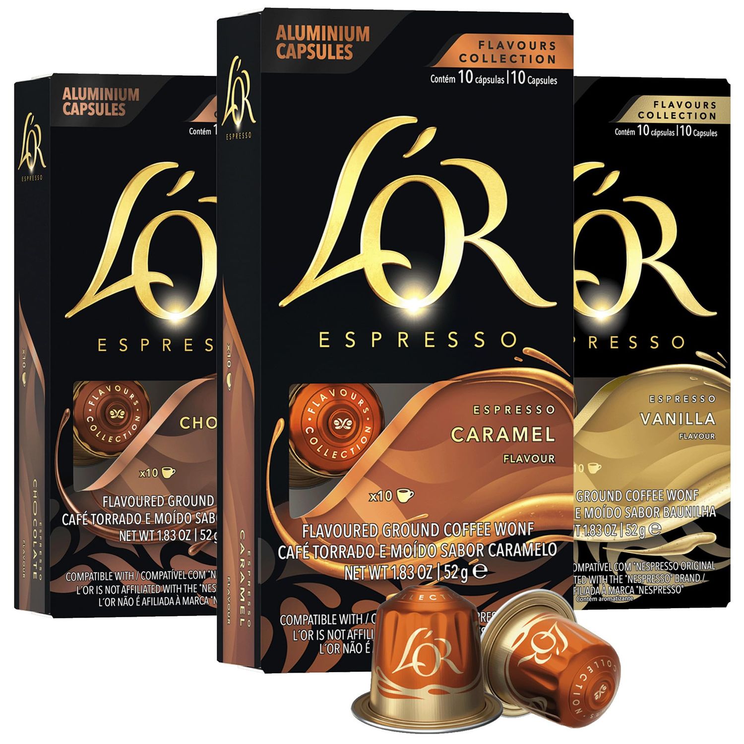 L&#39;OR Espresso Capsules, 30 Count Variety Pack Vanilla/Chocolate/Caramel, Single-Serve Aluminum Coffee Capsules Compatible with the L&#39;OR BARISTA System &amp; *Nespresso Original Machines