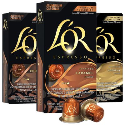 L&#39;OR Espresso Capsules, 30 Count Variety Pack Vanilla/Chocolate/Caramel, Single-Serve Aluminum Coffee Capsules Compatible with the L&#39;OR BARISTA System &amp; *Nespresso Original Machines
