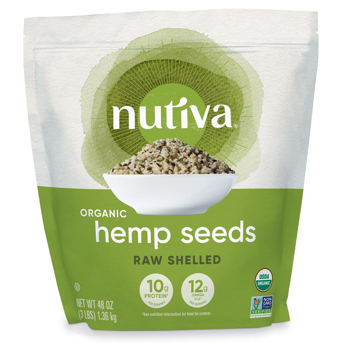 Nutiva Organic Raw Shelled Hemp Seed, 3 Pound, USDA Organic, Non-GMO, Non-BPA, Whole 30 Approved, Vegan, Gluten-Free &amp; Keto, 10g Protein and 12g Omegas per Serving for Salads, Smoothies &amp; More