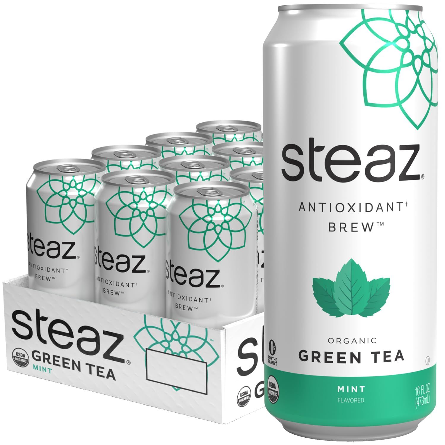 Steaz - Organic Green Tea - Mint (12 Pack) - Antioxidant Brew - 65mg Natural Caffeine, 90 Calories, Vitamin C - Cane Sugar Sweetened Iced Tea - Vegan, Fair Trade - 12 Cans, 16 fl oz (473mL)
