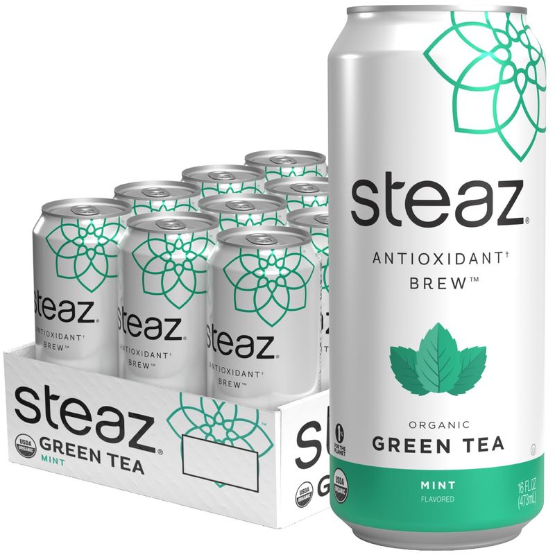 Steaz - Organic Green Tea - Mint (12 Pack) - Antioxidant Brew - 65mg Natural Caffeine, 90 Calories, Vitamin C - Cane Sugar Sweetened Iced Tea - Vegan, Fair Trade - 12 Cans, 16 fl oz (473mL)