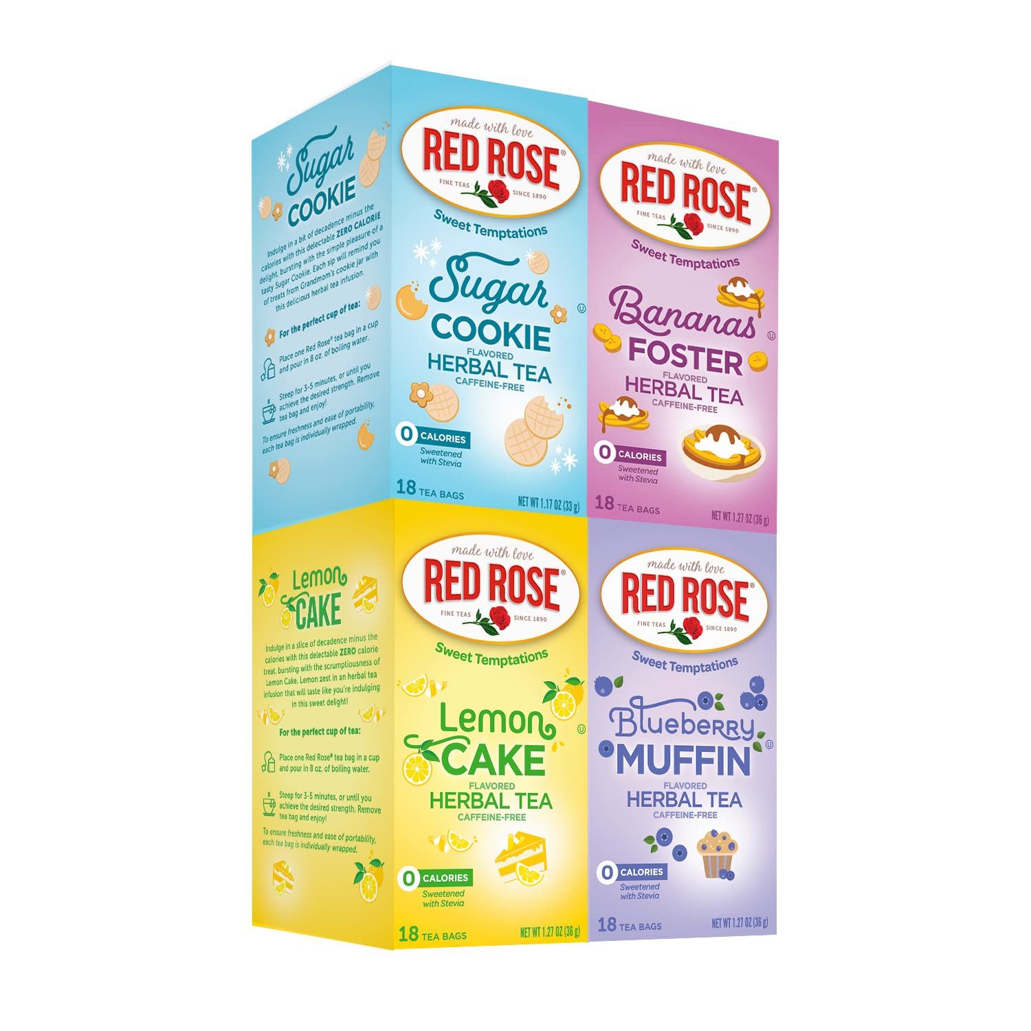 Red Rose Sweet Temptations New Flavors Variety Pack: Blueberry Muffin, Lemon Cake, Sugar Cookie and Bananas Foster (Pack of 4), 18 Count (Pack of 4)