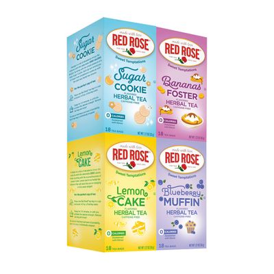 Red Rose Sweet Temptations New Flavors Variety Pack: Blueberry Muffin, Lemon Cake, Sugar Cookie and Bananas Foster (Pack of 4), 18 Count (Pack of 4)